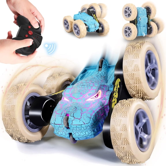 DINO STUNT CAR Remote Control Dinosaur Toy Car 2.4GHz Double-Sided Stunt Dump Truck with Crackle LED Lights, 360 Rotation, High-Speed Drifting, 4WD All-Terrain