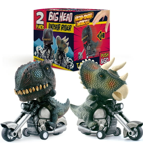 DINOBROS Dinosaur Toy Cars 2 Pack Friction Powered Motorcycle Game T-Rex and Triceratops Monster Dino Toys for Boys Age 3,4,5,6,7 Play Vehicles