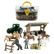 DINOBROS Horse Stable Playset Toys with Portable Case, 18 Piece