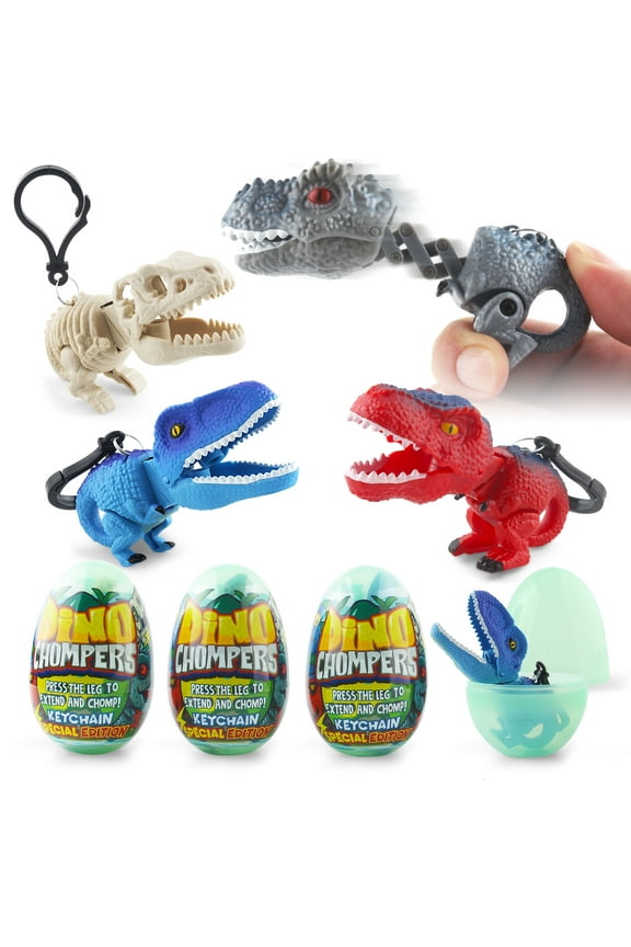 Surprise Eggs with Dinosaur Toys Inside, 4 Pack Egg Toys Filled with Dino Chomper Keychains Birthday Gift Party Favors for Backpack Boys and Girls