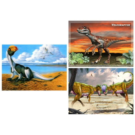 DINOSAURS: 3 Lenticular 3D Postcard Greeting Cards - Dilophosaurus, Velociraptor, Pachycephalosaurus - Pre-Historic