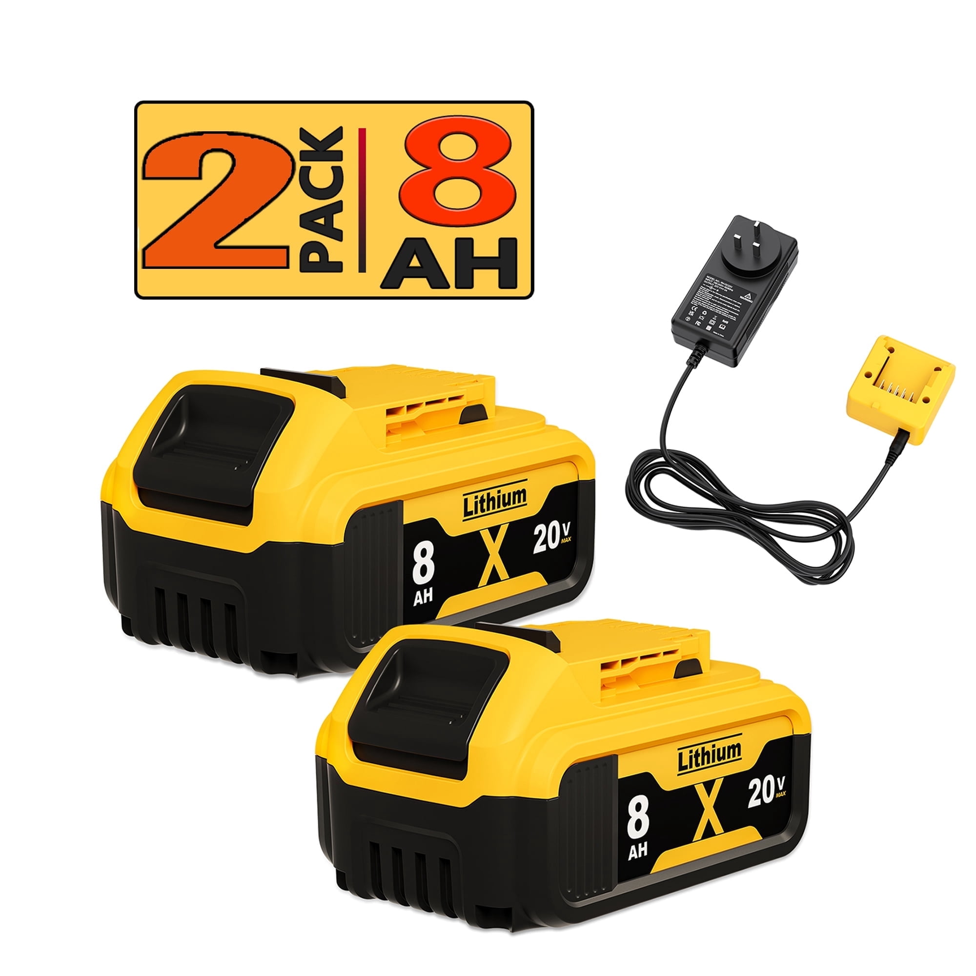 2 Pack 8.0Ah Replacement Battery and Charger for Dewalt 20V Max Batteries DCB200 DCB205-2 DCB206 DCB204 DCB203 DCB208 Compatible with Dewalt 20V Cordless Power Tools