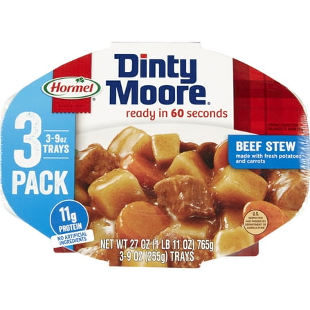 DINTY MOORE Beef Stew, Shelf-Stable, 12 Grams Protein, 9 oz Plastic Microwaveable Tray (3 Pack)