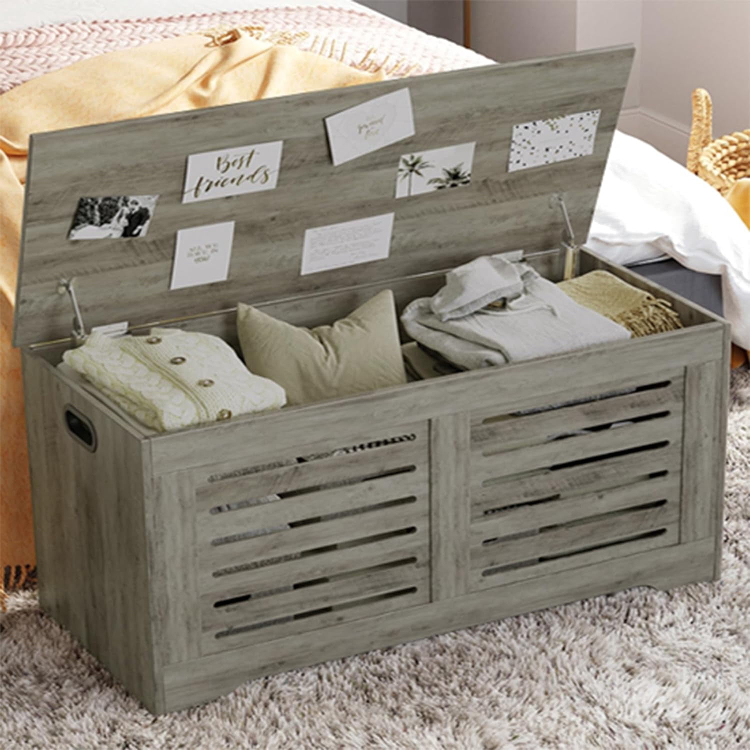 DINZI LVJ Wooden Toy Storage Chest With Safety Hinges - 39.4" Flip-Top Bench For Entryway, Living Room, Bedroom