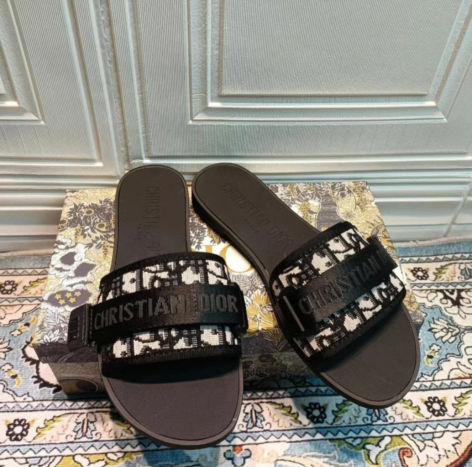 Dior Black Evolution Rhinestone & Leather Slide, Size 38 | Lyst