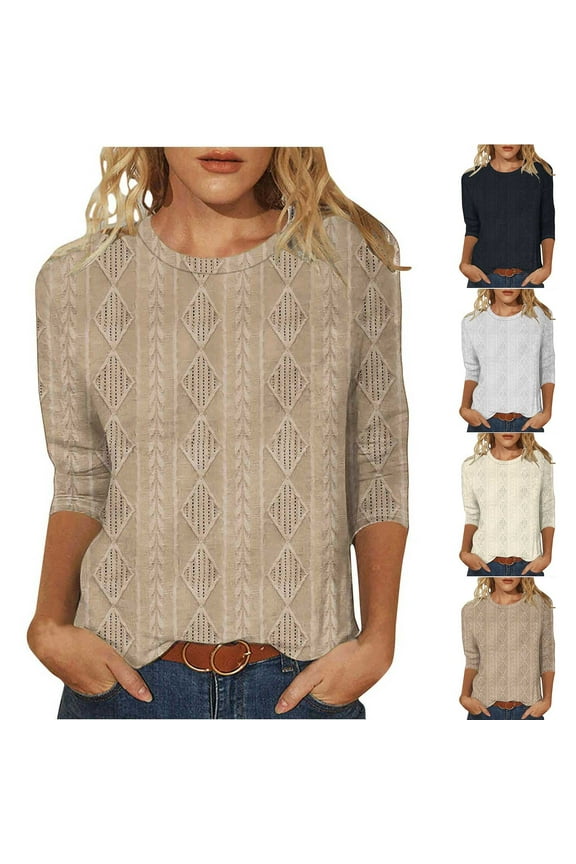 3/4 Length Sleeve T Shirt for Womens Casual Crewneck Textured Eyelet Tee Shirt Loose Three Quarter Sleeve Tunic Tops