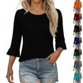 thumbnail image 1 of DIOAZUD 3/4 Length Sleeve Women Tops Round Neck Pleated Dressy Casual Basic Shirts Tunic Three Quarter Bell Sleeve Blouses, 1 of 6