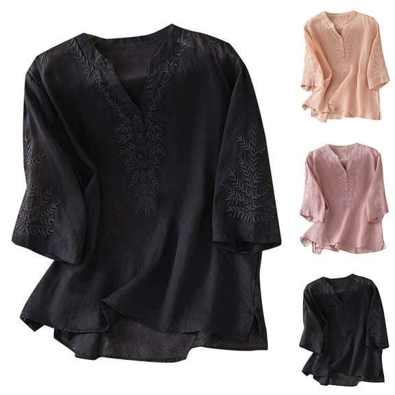 DIOAZUD 3/4 Sleeve Tops Women's Cotton Linen Button Up Shirts Summer Loose V Neck Casual Boho Top Vintage Embroidered Blouse Tops