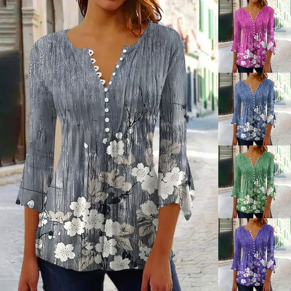 DIOAZUD Blouses for Women Dressy V Neck Pleated Tunic Tops Summer 3/4 Sleeve Tshirt Slim Fit Boho Shirts