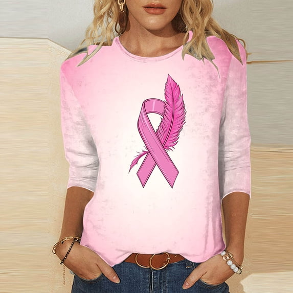 DIOAZUD Shirts for Women Breast Cancer Awareness Pink Ribbon 3/4 Sleeve Crew Neck Tops Cancer Survivor Tees Support Squad Tops