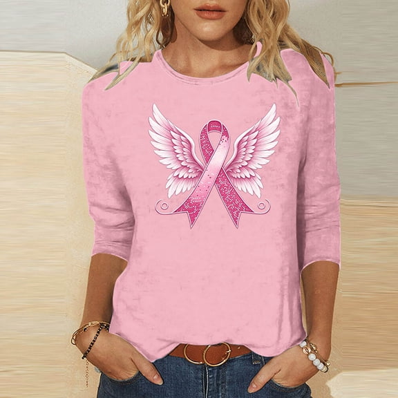 DIOAZUD Shirts for Women Breast Cancer Awareness Pink Ribbon 3/4 Sleeve Crew Neck Tops Cancer Survivor Tees Support Squad Tops