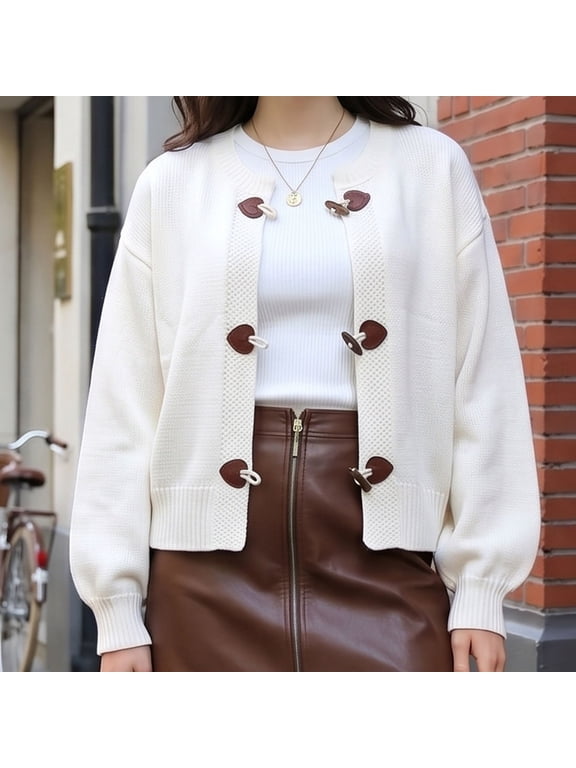 Cardigan Sweaters for Women Lightweight Toggle Button Cropped Cardigans Women's Casual Crew Neck Puff Sleeve Knit Sweater