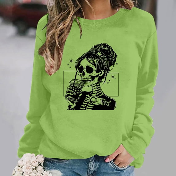 DIOAZUD Halloween Sweatshirts Women Plus Size Skeleton Print Pullovers Trendy Going Out Crewneck Long Sleeve Sweater Tops Halloween Clothes Green S-XXL