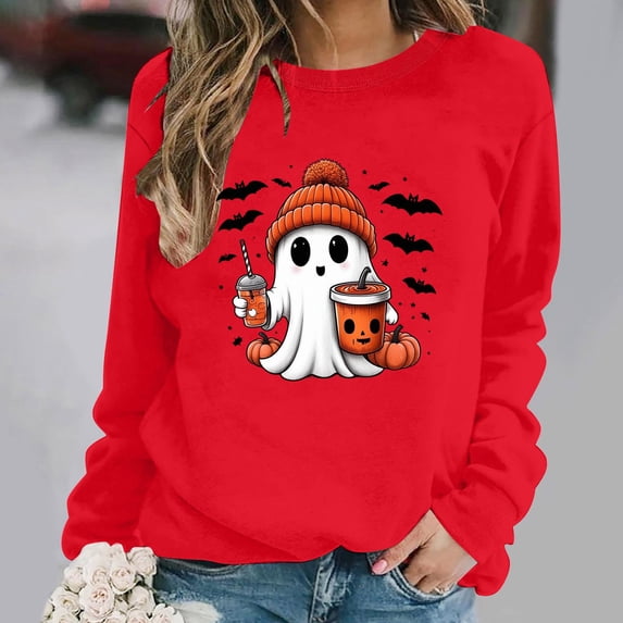 DIOAZUD Halloween Sweatshirts Women Spooky Ghost Print Pullovers Soft Holiday Crewneck Long Sleeve Sweater Tops Halloween Costumes Red S-XXL