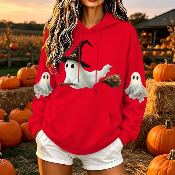 DIOAZUD Halloween Sweatshirts for Women Plus Size Ghost Graphic Pullover Hoodies Fall Going Out Long Sleeve Shirt Tops Halloween Costumes