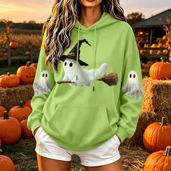 DIOAZUD Halloween Sweatshirts for Women Plus Size Ghost Graphic Pullover Hoodies Fall Going Out Long Sleeve Shirt Tops Halloween Costumes