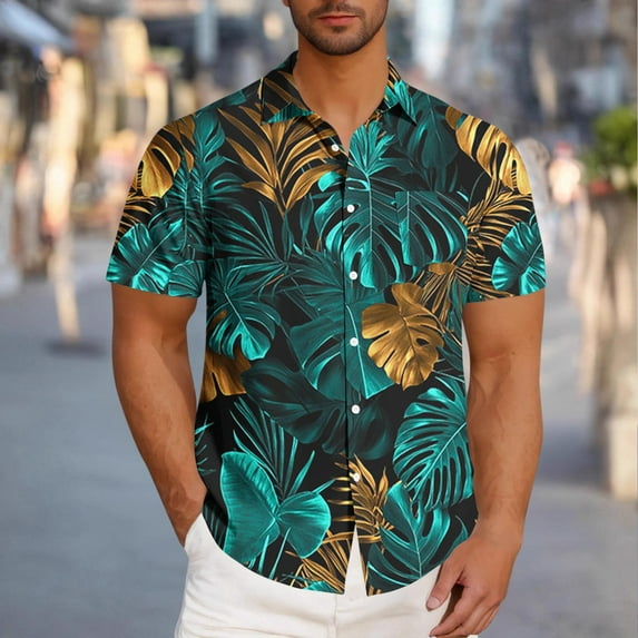 DIOAZUD Hawaiian Shirts for Men Big and Tall, Mens Short Sleeve Button Down Shirt Tropical Leaf Print Tees Tops Lightweight Loose Turndown Collar Shirt with Pocket Men's Bowling Shirts