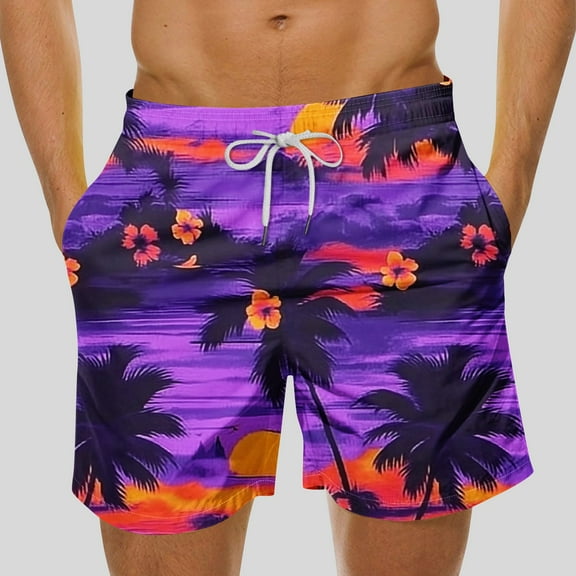 DIOAZUD Hawaiian Swimming Trunks for Men 5 Inch Swim Trunks Quick Dry Bathing Suits Drawstring Elastic Waist Shorts Tropical Palm Tree Print Beach Swimming Shorts with Pockets