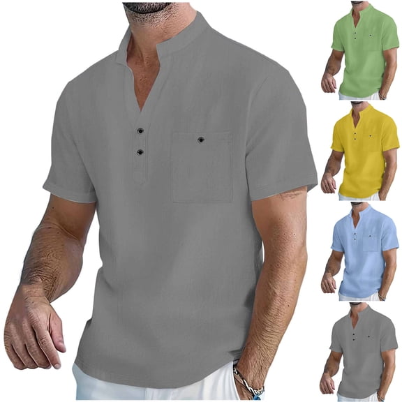 DIOAZUD Henley Shirts for Men Cotton Linen Short Sleeve Shirt Solid Color Mock Neck Tops Summer Holiday Casual Tshirts with Pocket