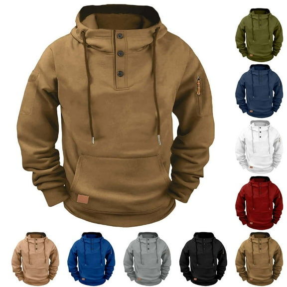 DIOAZUD Hoodies for Men Fall Winter Quarter Button Hooded Sweatshirts Solid Athletic Gym Pullover Loose Workout Sweatshirt