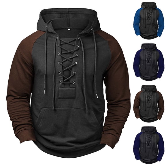 DIOAZUD Hoodies for Men Raglan Long Sleeve Cargo Hooded Sweatshirt Vintage Lace Up Pullover Workout Outdoor Hoodie with Pocket