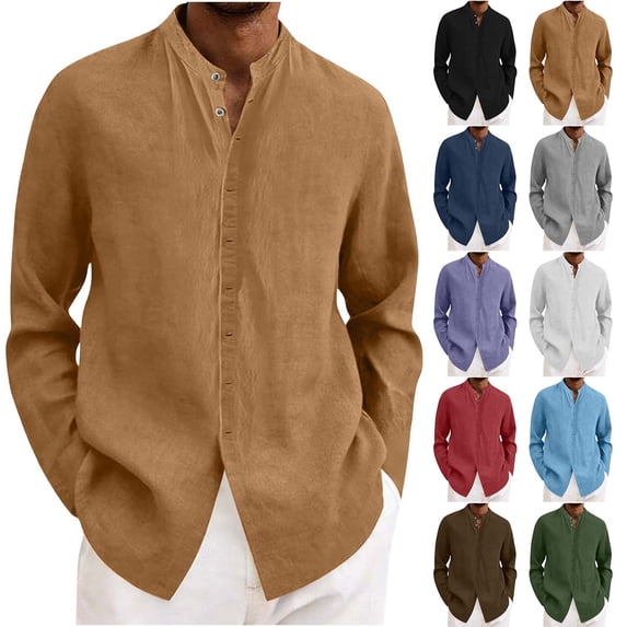 DIOAZUD Linen Button up Shirt Men Long Sleeve Shirts Solid Color Collar Cotton Tshirts Loose Fit Beach Vacation T-Shirts