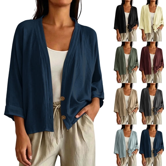 DIOAZUD Linen Cardigans for Women 3/4 Sleeve Button Down Cardigan Solid Color Lightweight Cover up for Vacation and Beach