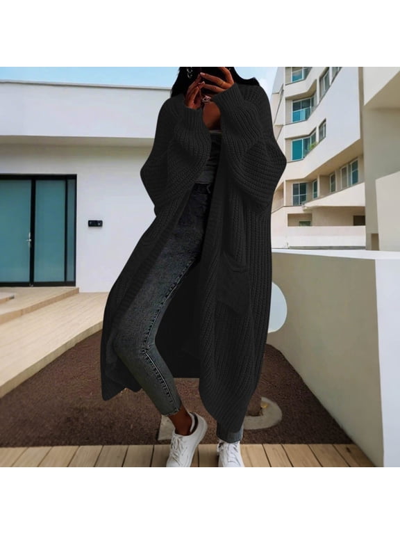 Long Cardigan Sweaters for Women Oversized Chunky Knit Open Front Maxi Duster with Pockets V Neck Fall Sweaters Outerwear Black S-XL