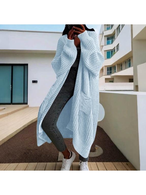 Long Cardigan Sweaters for Women Oversized Chunky Knit Open Front Maxi Duster with Pockets V Neck Fall Sweaters Outerwear Navy S-XL