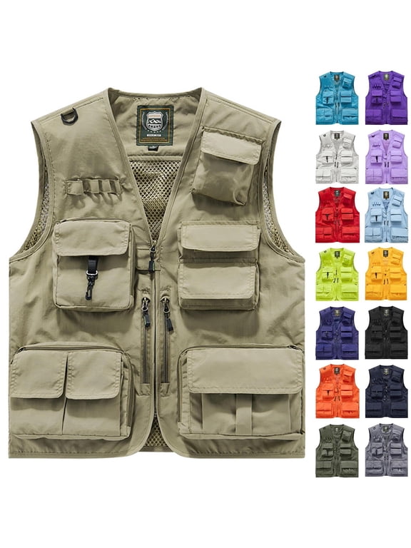 Men's Casual Lightweight Outdoor Fishing Cargo Vest Plus Size Safari Travel Photo Work Vests Jacket Multi Pockets