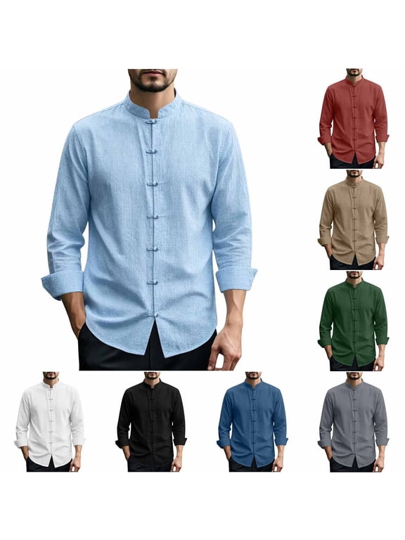 Men's Chinese Traditional Linen Cotton Button Down Shirts Mandarin Collar Frog-Button Long Sleeve Shirt Solid Color Lightweight T-Shirts Daily Wear