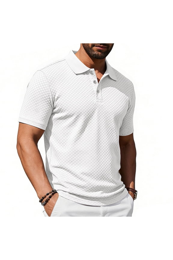 Men's Collared Short Sleeve Shirt Textured Grid Pattern Button Placket Soft Breathable Collar Shirts for Casual Business Daily Wear