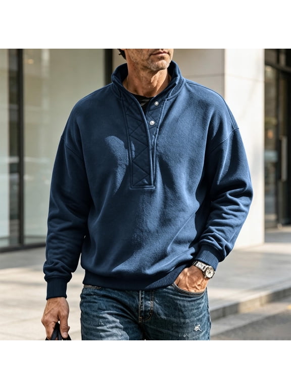 Men's Henley Sweatshirt Snap Button Pullover Fleece Mock Neck Long Sleeve Loose Fit Fall Winter Casual Tops for Men