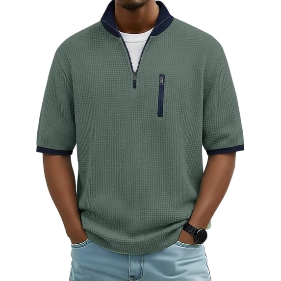 DIOAZUD Men's Quarter Zip up Pullover Short Sleeve Collared Waffle T-Shirts Loose Fit Summer Casual Tshirts Green S