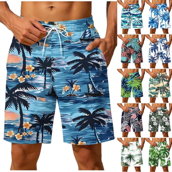 DIOAZUD Men's Swim Trunks Quick Dry Board Shorts with Drawstring Waist Palm Tree Print Beach Swimwear for Pool Party