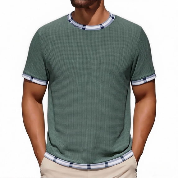 DIOAZUD Men's T-Shirts Casual Waffle Short Sleeve Crewneck Tee Shirts Loose Fit Color Block Pullover Shirt Army Green XL