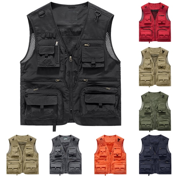 DIOAZUD Men's Utility Fishing Vest Versatile Openwork Camouflage Journalist Vest Jacket Outdoor Hiking Safari Cargo Vests Orange XXXXL