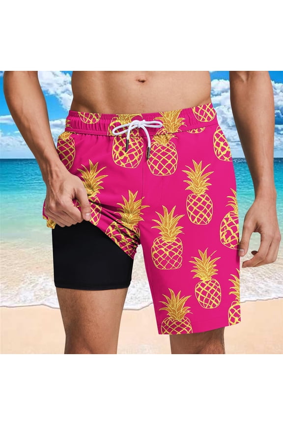 Men's Vacation Swim Trunks with Liner Loose Fit Drawstring Waist Board Shorts Summer Hawaiian Printed Beach Short Pants