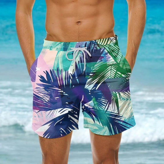 DIOAZUD Mens Big and Tall Swim Trunks 5 inch Quick Dry Bathing Suit Hawaii Beach Board Shorts with Drawstring Swimming Shorts Tropical Palm Tree Print Swimming Trunks with Pockets