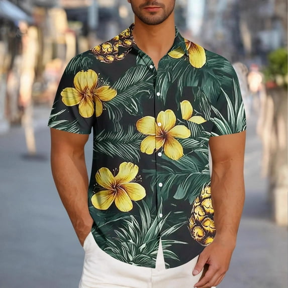 DIOAZUD Mens Casual Hawaiian Beach Shirts Short Sleeve Button Down Tropical T Shirts Summer Floral Graphic Tees Big and Tall Lapel Short Sleeve Tshirts