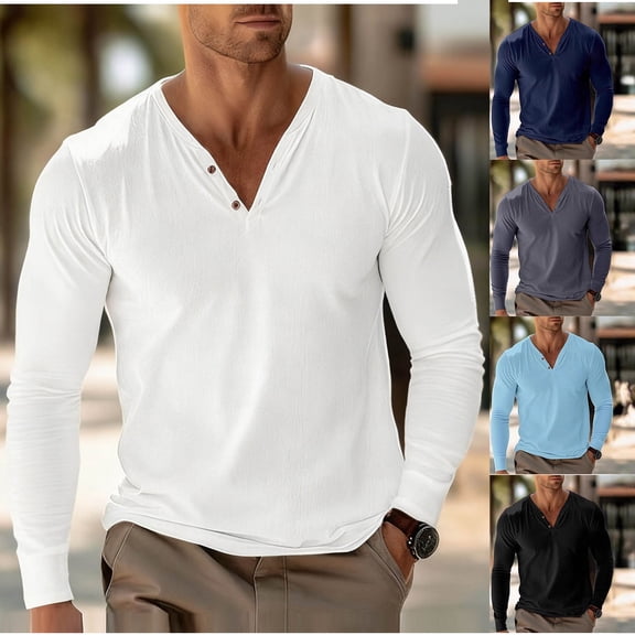 DIOAZUD Mens Henley Shirts Cotton Linen Long Sleeve Muscle Shirt Solid Color Button Up Tees Casual Summer Tshirts for Men