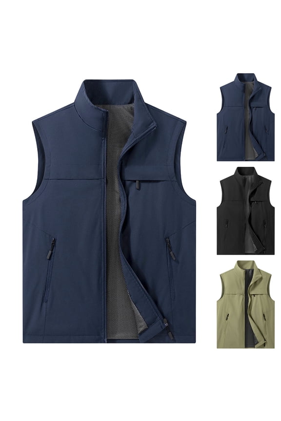 Mens Lightweight Cargo Vest Outdoor Casual Fishing Safari Utility Vests Solid Color Loose Fit Zip up Vest Jacket with Pockets Navy M