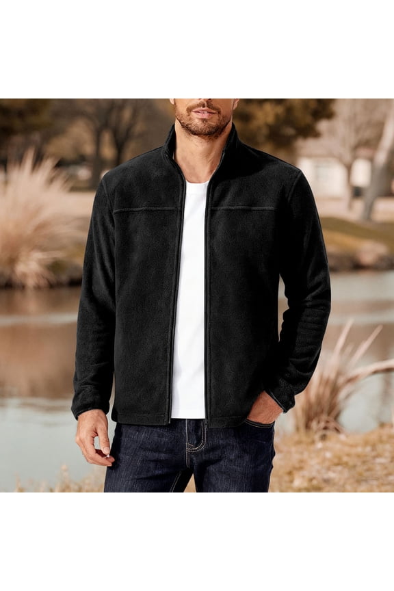 Mens Polar Fleece Jacket Fall Winter Full Zip Up Lightweight Jackets Solid Outdoor Athletic Stand Collar Coats with Pockets