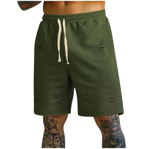 DIOAZUD Mens Shorts Casual Elastic Waist Drawstring Shorts Solid Color Ripped Pants Summer Beach Short 7 inch Shorts with Pockets