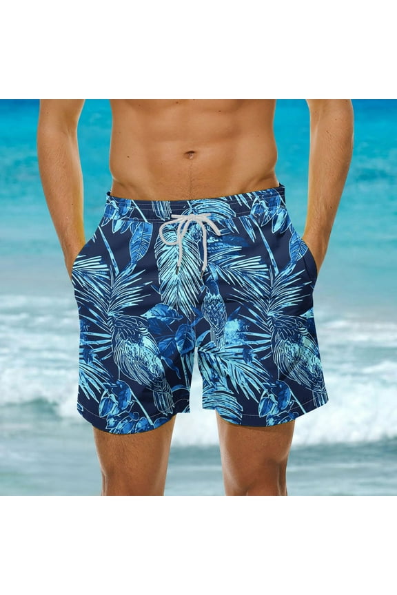 Mens Swim Trunks Big & Tall Tropical Print Swim Board Shorts with Drawstring Elastic Waist Swim Shorts Mens Hawaiian Beach Shorts Swimsuit Bathing Suits with Pockets