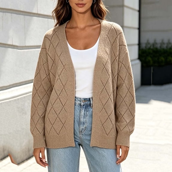 DIOAZUD Open Front Cardigan Sweaters for Women Lightweight Hollow Out Diamond Pointelle Knit Long Sleeve Loose Cozy Fall Cardigan Tops