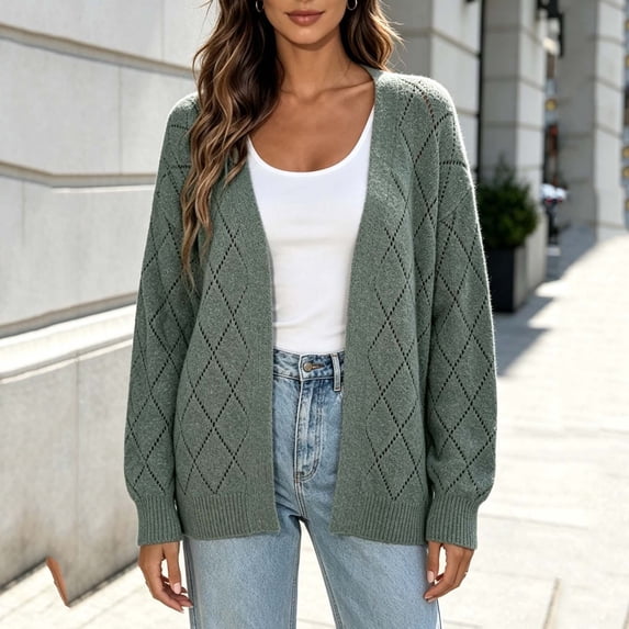 DIOAZUD Open Front Cardigan Sweaters for Women Lightweight Hollow Out Diamond Pointelle Knit Long Sleeve Loose Cozy Fall Cardigan Tops