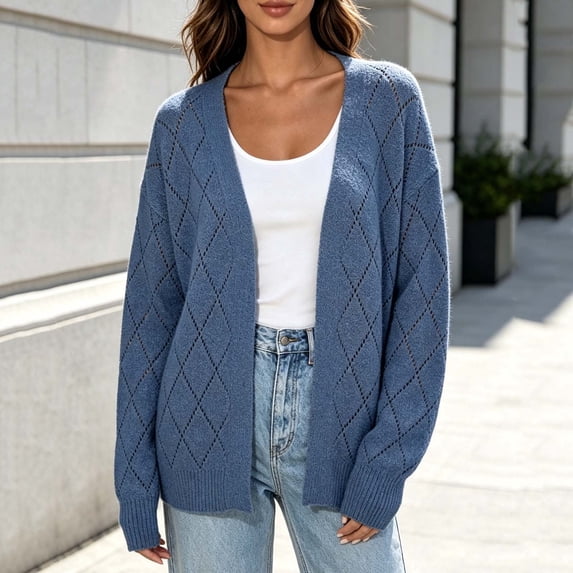 DIOAZUD Open Front Cardigan Sweaters for Women Lightweight Hollow Out Diamond Pointelle Knit Long Sleeve Loose Cozy Fall Cardigan Tops