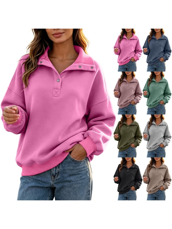 Oversized Half Snap Mock Neck Sweatshirt for Women Fall Casual Button Collar Pullover Tops Solid Color Loose Fit Long Sleeve Top Red S-XXL