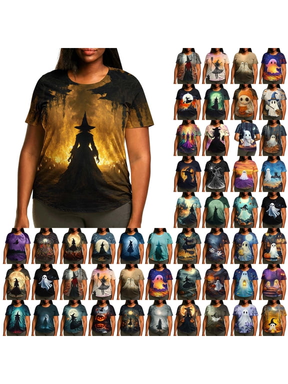 Plus Size Halloween T-Shirts for Women Short Sleeve Crew Neck Spooky Graphic Tees Lightweight Casual Fall Tops M-5XL